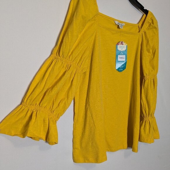 THE PIONEER WOMAN, NWT Yellow Tiered Puff Sleeve Knit Peasant Boho Top; Size M - Picture 2 of 6